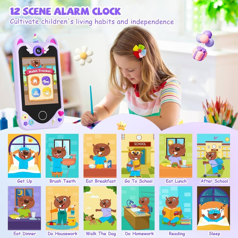 Yosfeng Kids Smart Phone for Girls Gifts - Toddler Christmas Birthday Gift for Age 3 4 5 6 Year Old, Kids Cell Phone Toy with Touchscreen, Dual Cameras, Learning, Kid Mp3 Player, Games with 32 GB Card - Image 3